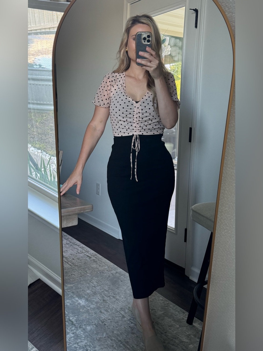 LE LIS Polka Dot Sheer Puff Sleeve Top - Peachy Tone Cream and Black - Picture 9 of 14
